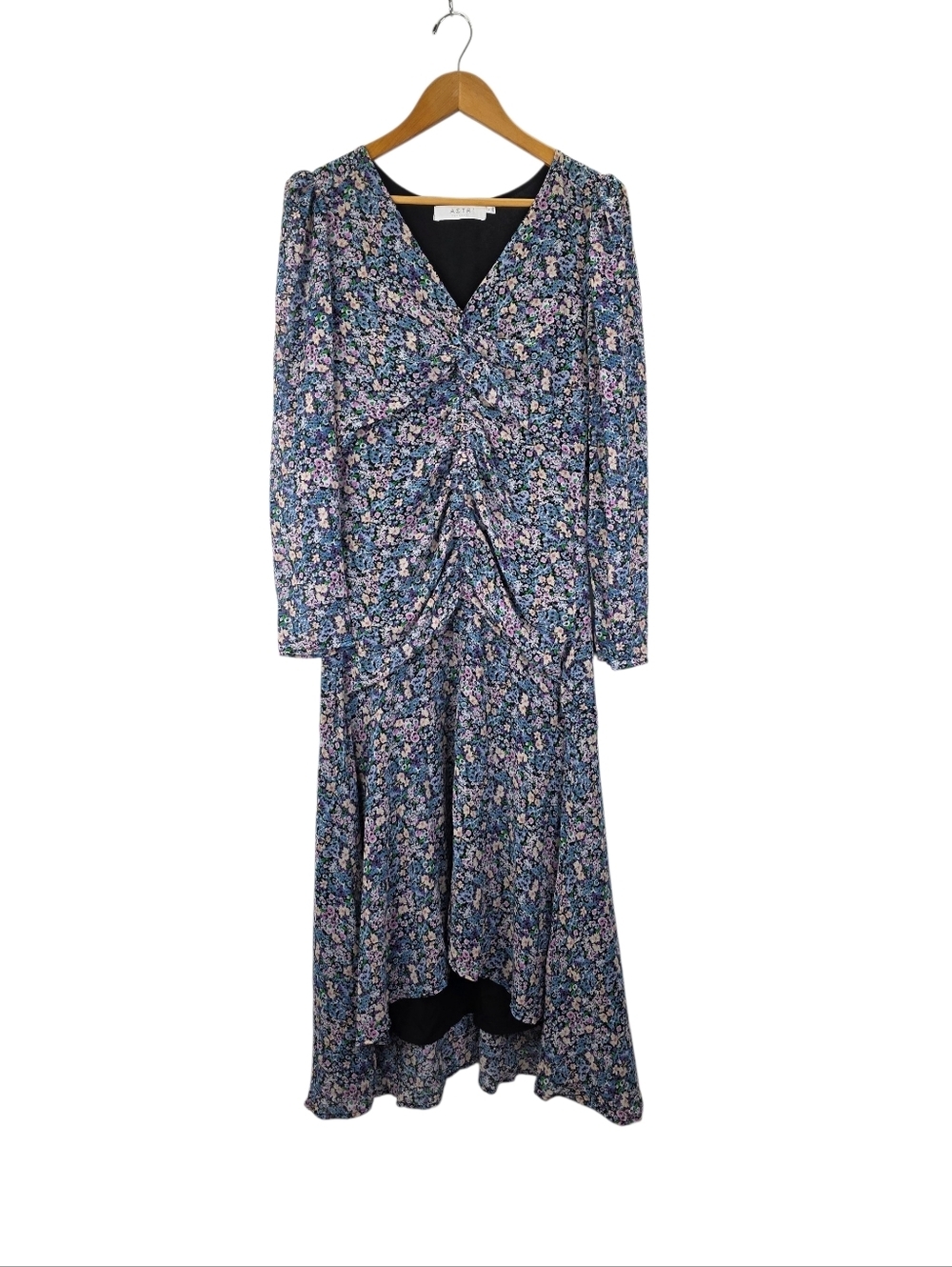ASTR The Label Purple Floral Multi Vneck Ruched Front Midi Dress Size Large New